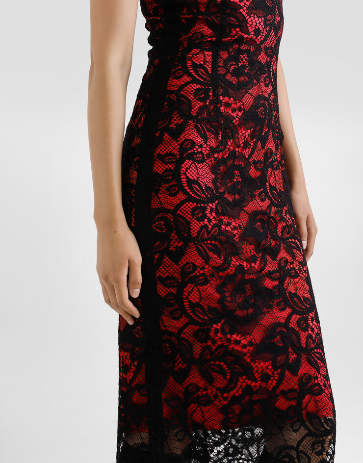 Dolce & Gabbana Abito longuette a tubino in pizzo floreale con fodera a contrasto Nero F6JSKTILMBJ