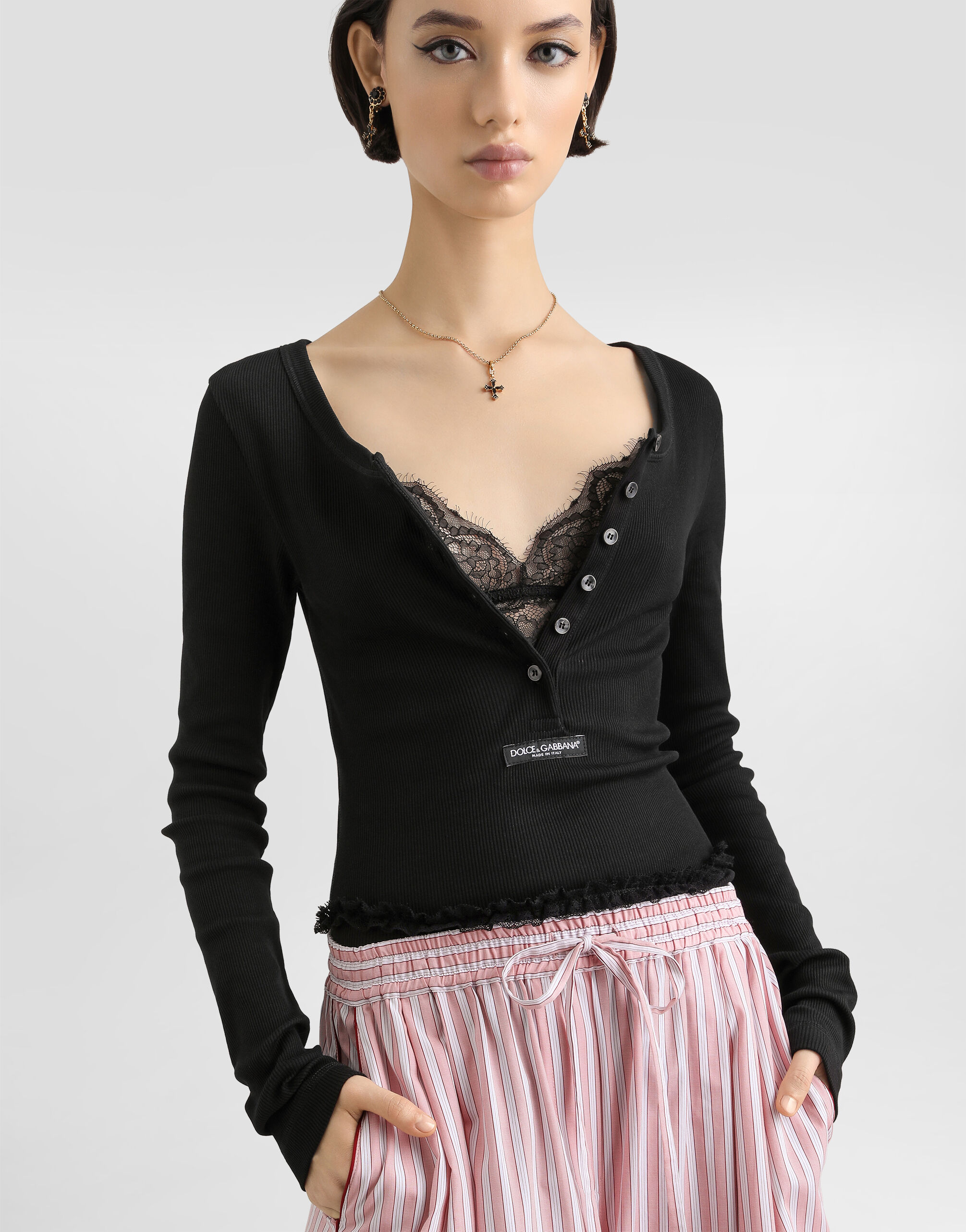 Ribbed cotton serafino t-shirt in Black for Women | Dolce&Gabbana® US