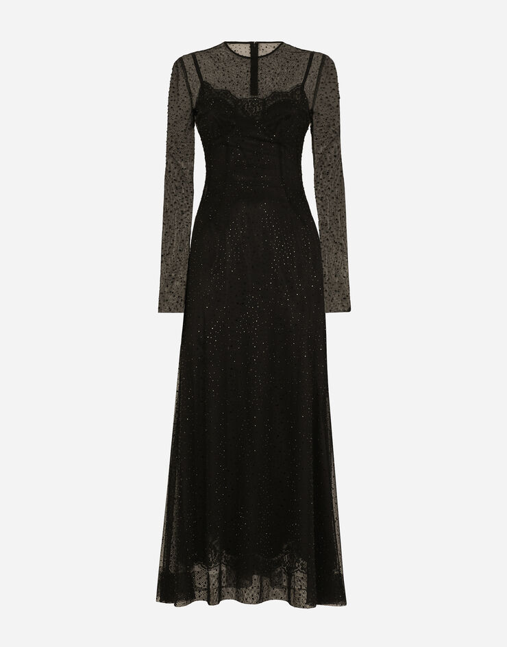 Dolce & Gabbana Long tulle dress with fusible rhinestone embellishment Black F6DEZTFLSIT