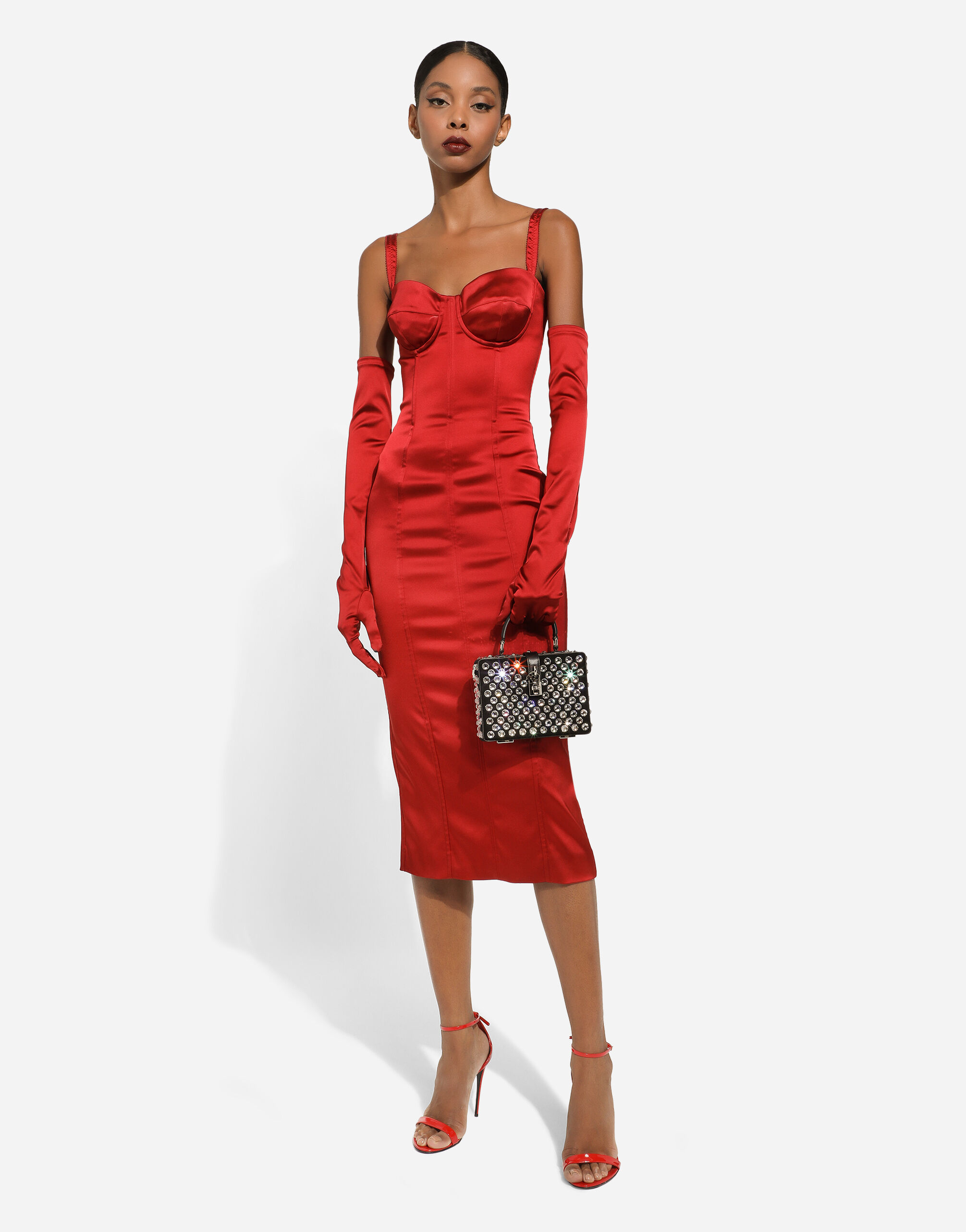 Satin calf length dress with corset bustier en Rojo de Mujer Dolce Gabbana