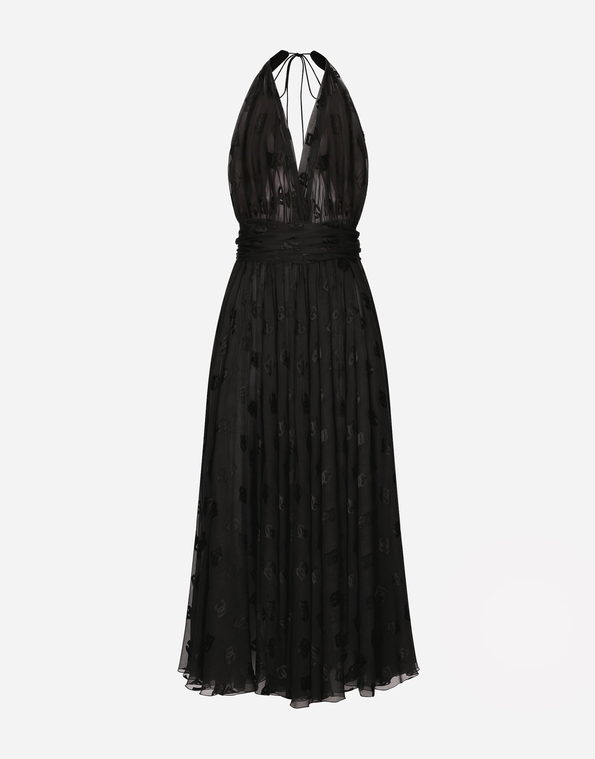 Dévoré satin calf-length dress with all-over DG logo