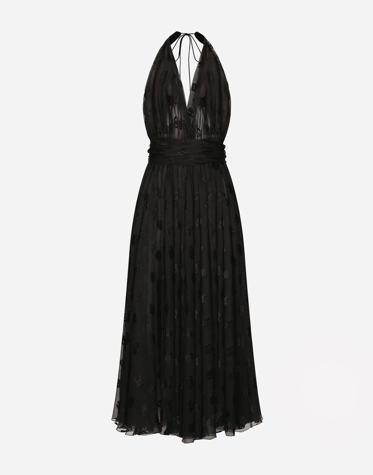 Dolce & Gabbana Longuette-Kleid aus Ausbrenner-Satin mit DG-Logo allover Schwarz F6DLMTFJTBR