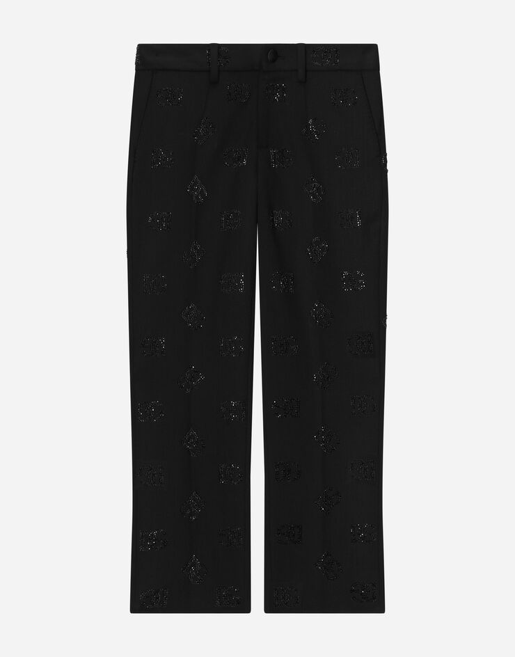 DolceGabbanaSpa Pantalón clásico de lana con motivo integral del logotipo de strass termoadhesivos Noir L44P27G7J8K