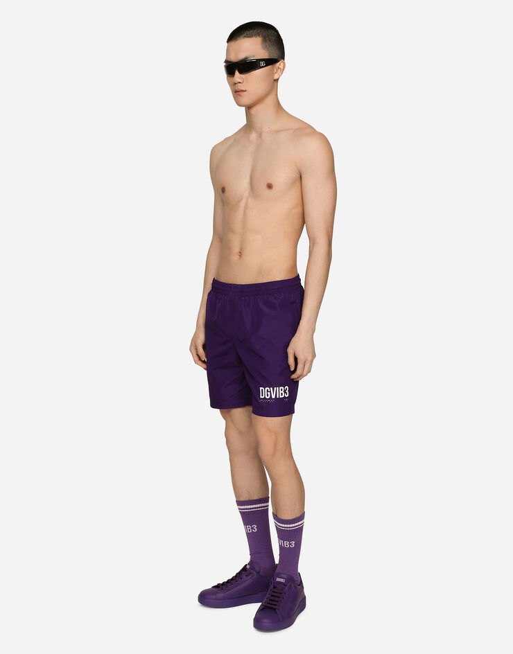 Dolce & Gabbana Mid-length swim trunks with DGVIB3 print and logo Purple M4F25TFUSFW