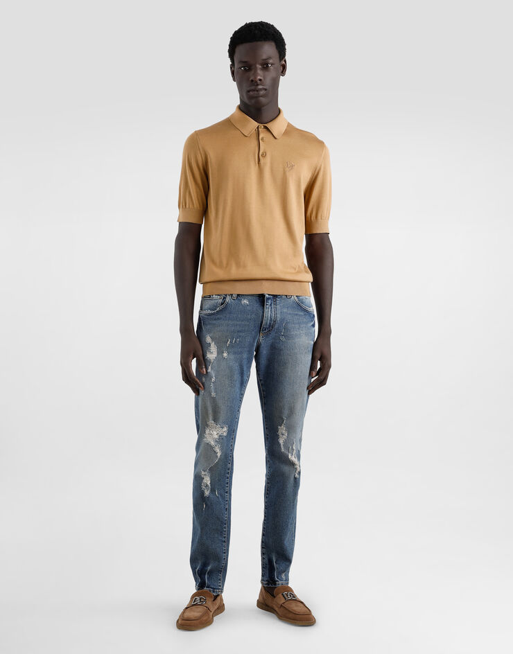 Dolce & Gabbana Polo in seta con logo ricamato Beige GXZ02ZJBSK3