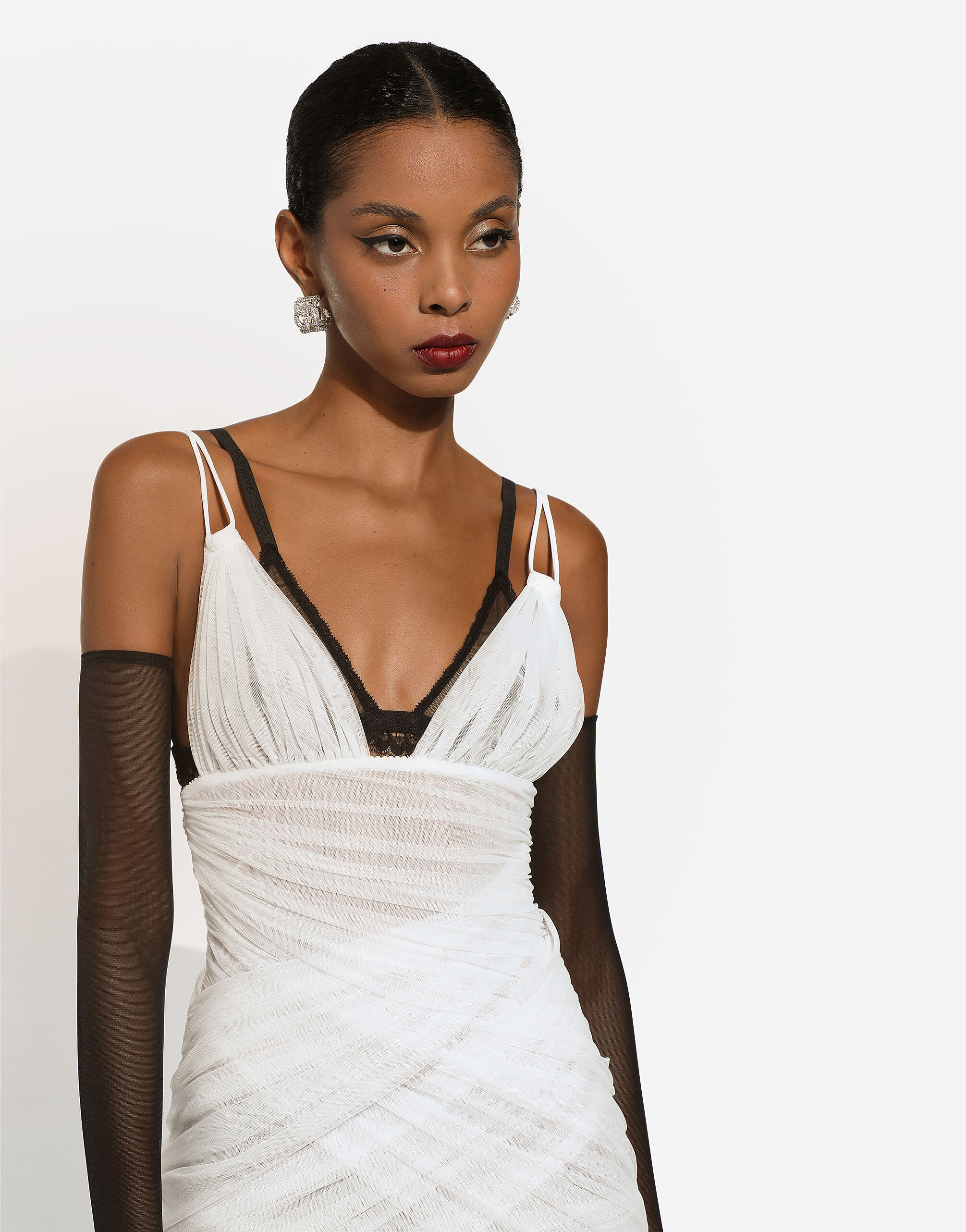 Tulle draped calf-length dress in White for Women