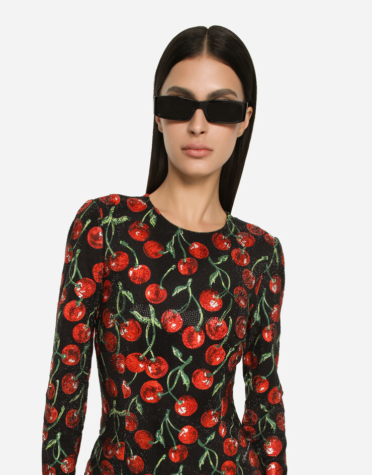 Dolce&Gabbana Cherry-print jersey midi dress with fusible rhinestones Multicolor F6CPQZGDBV6