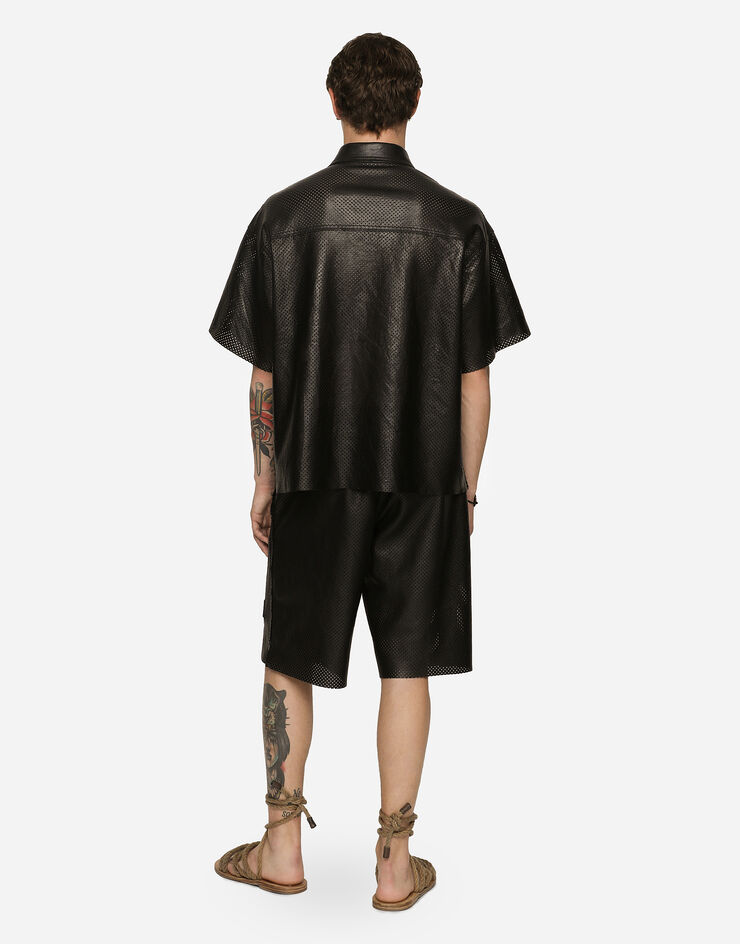 Dolce&Gabbana Openwork leather Bermuda jogging pants with brand plate Black GV6HALHULS1