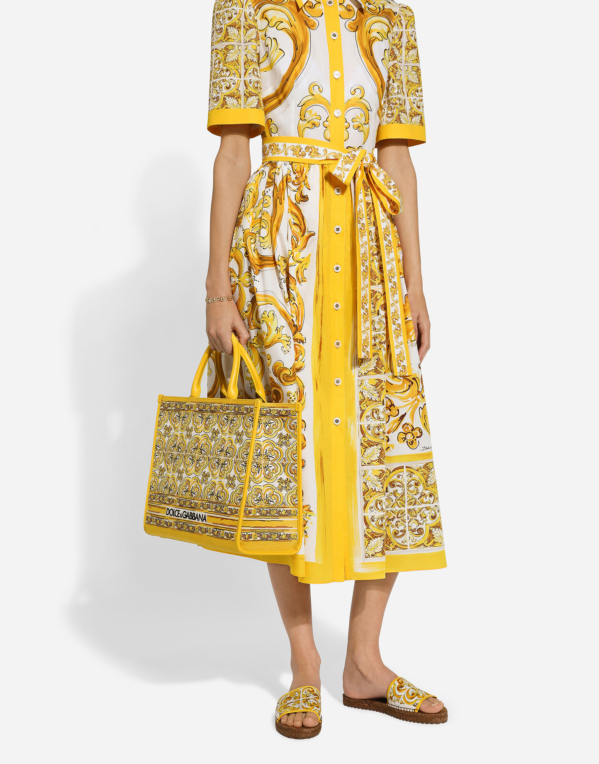 Cotton poplin midi shirt dress with majolica print in Print for Women Dolce Gabbana US