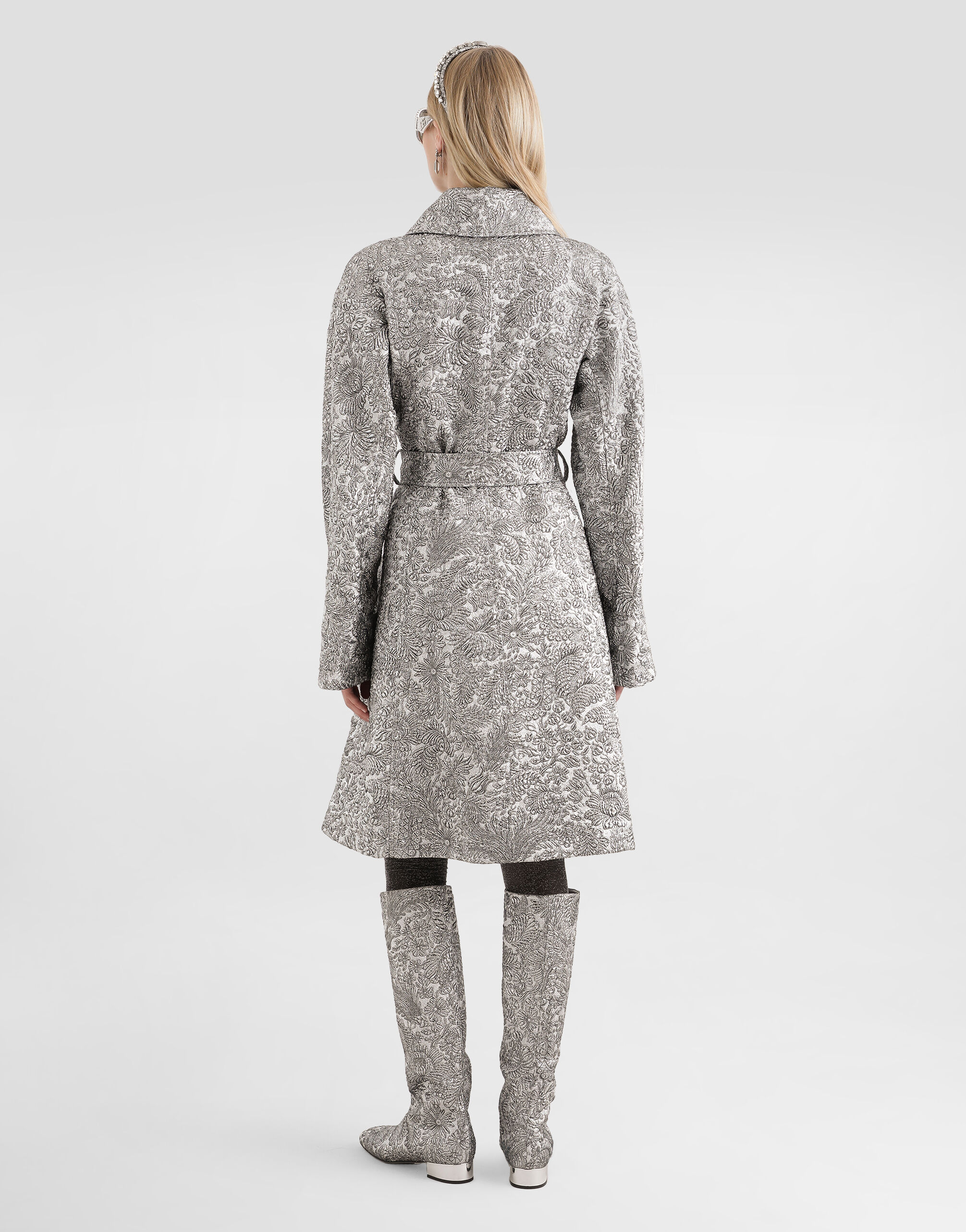 Lamé floral jacquard fabric trench coat in Silver for Women