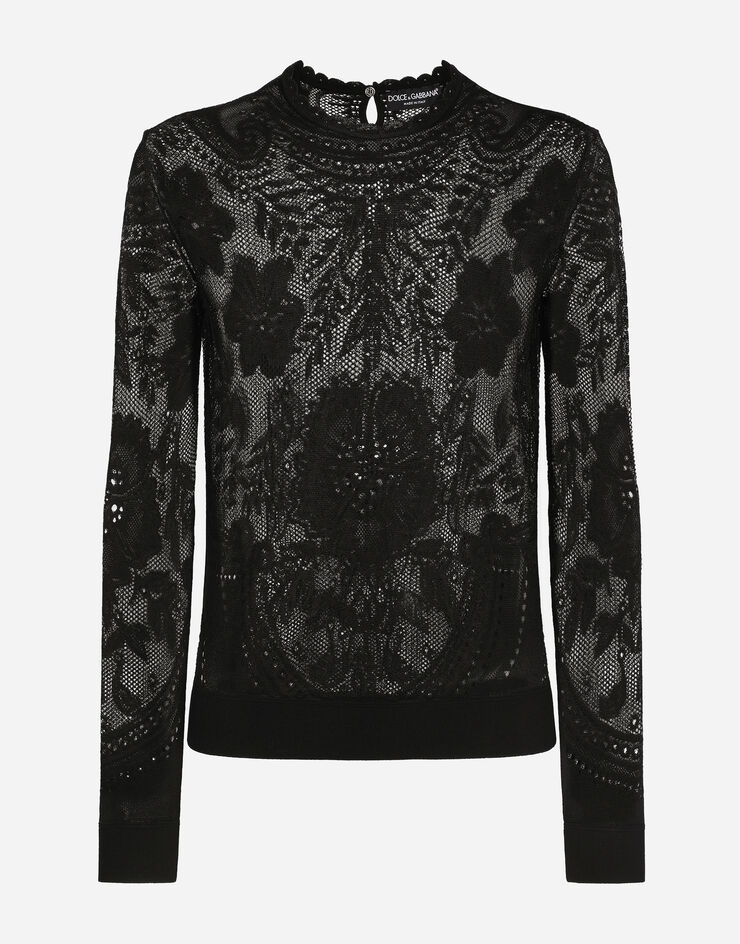 Dolce & Gabbana ラウンドネックセーター ジャカードレースニット ブラック FXD23TJBMQ6