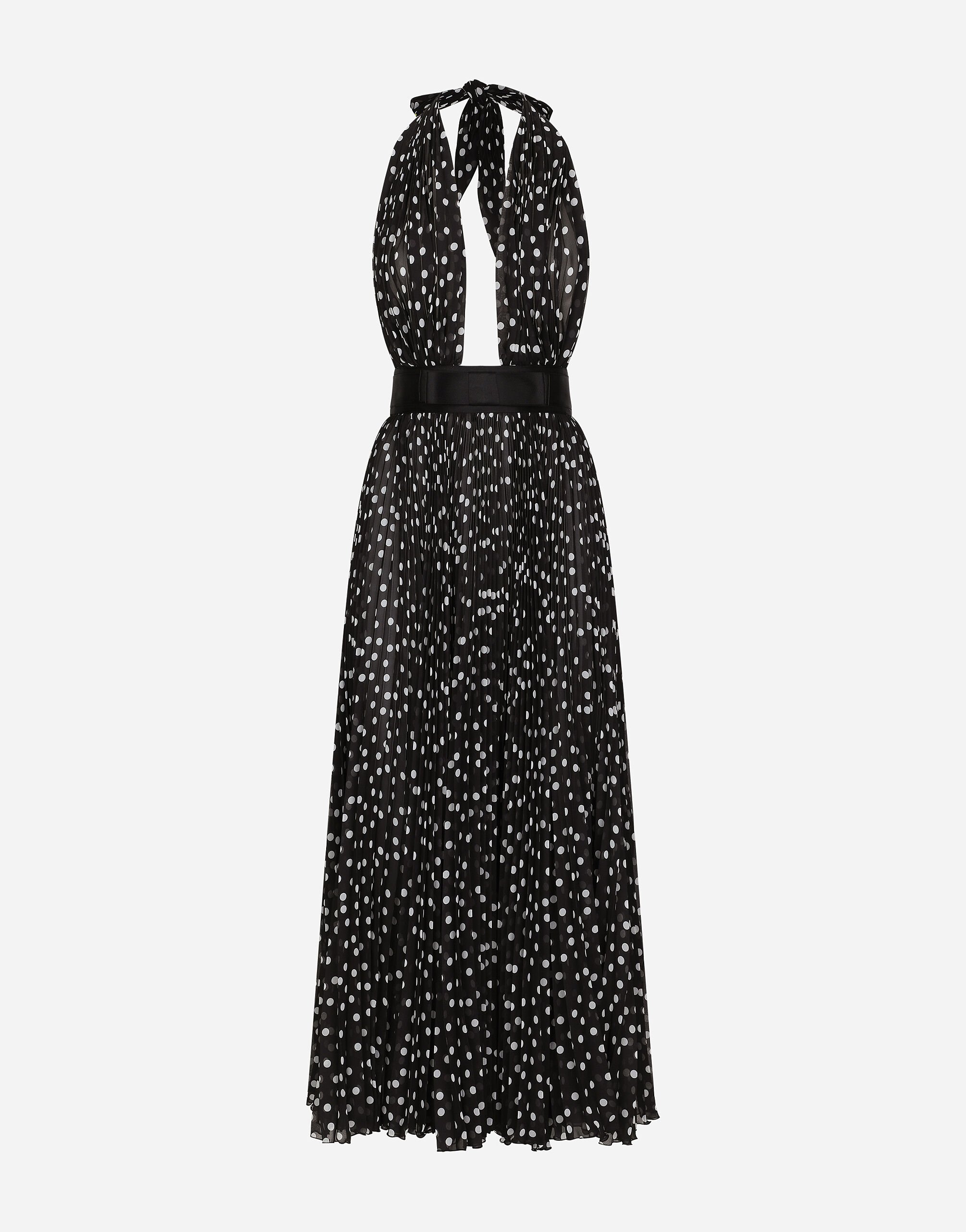 Dolce & Gabbana Chiffon calf-length dress with plunging neckline and polka-dot print Black F6AUXTFUUBD