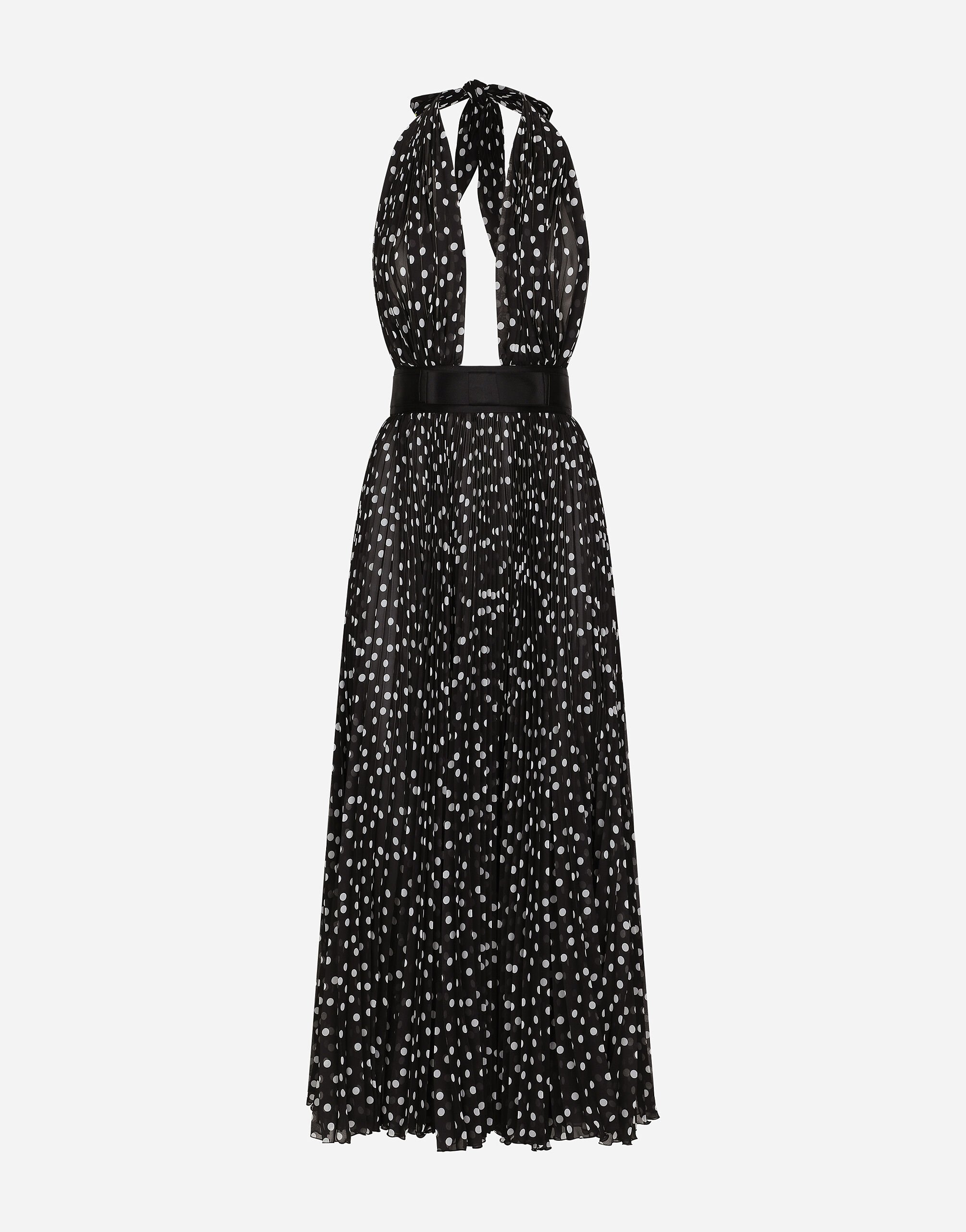 Chiffon calf-length dress with plunging neckline and polka