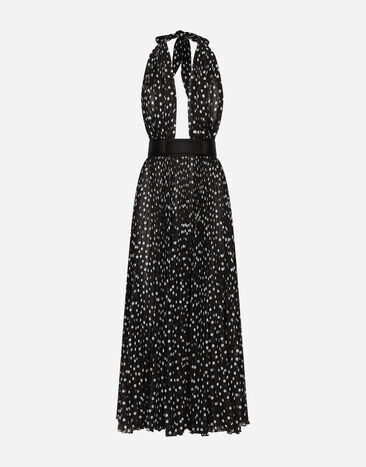 Dolce&Gabbana Vestido longuette escotado de chifón con estampado de lunares Negro F6DDXTGDB0R