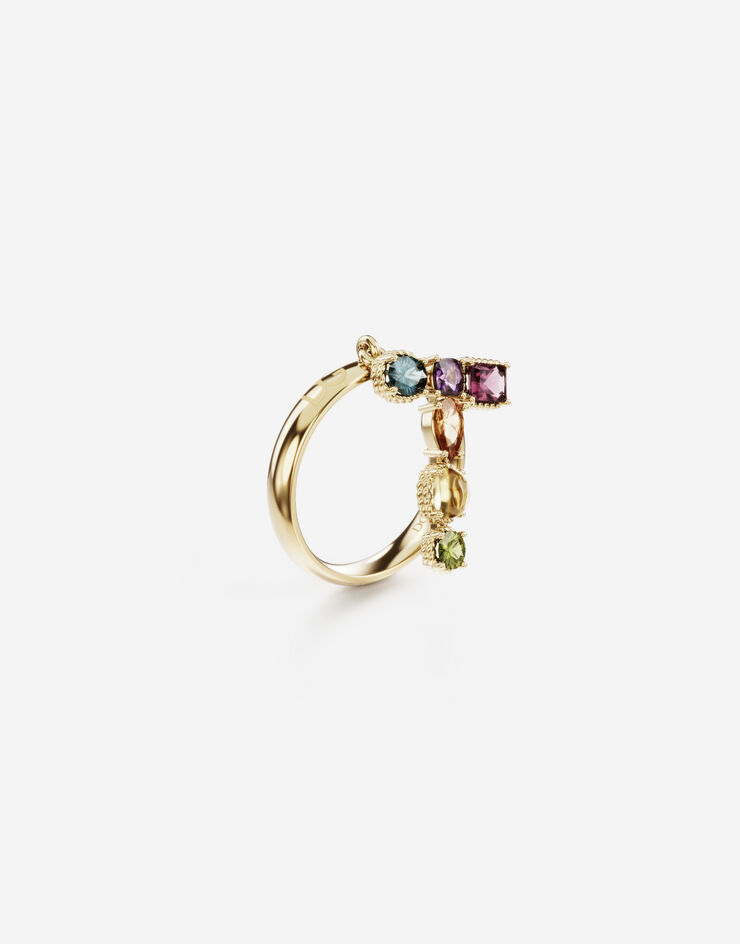 Dolce & Gabbana Rainbow alphabet T ring in yellow gold with multicolor fine gems ORO WRMR1GWMIXT