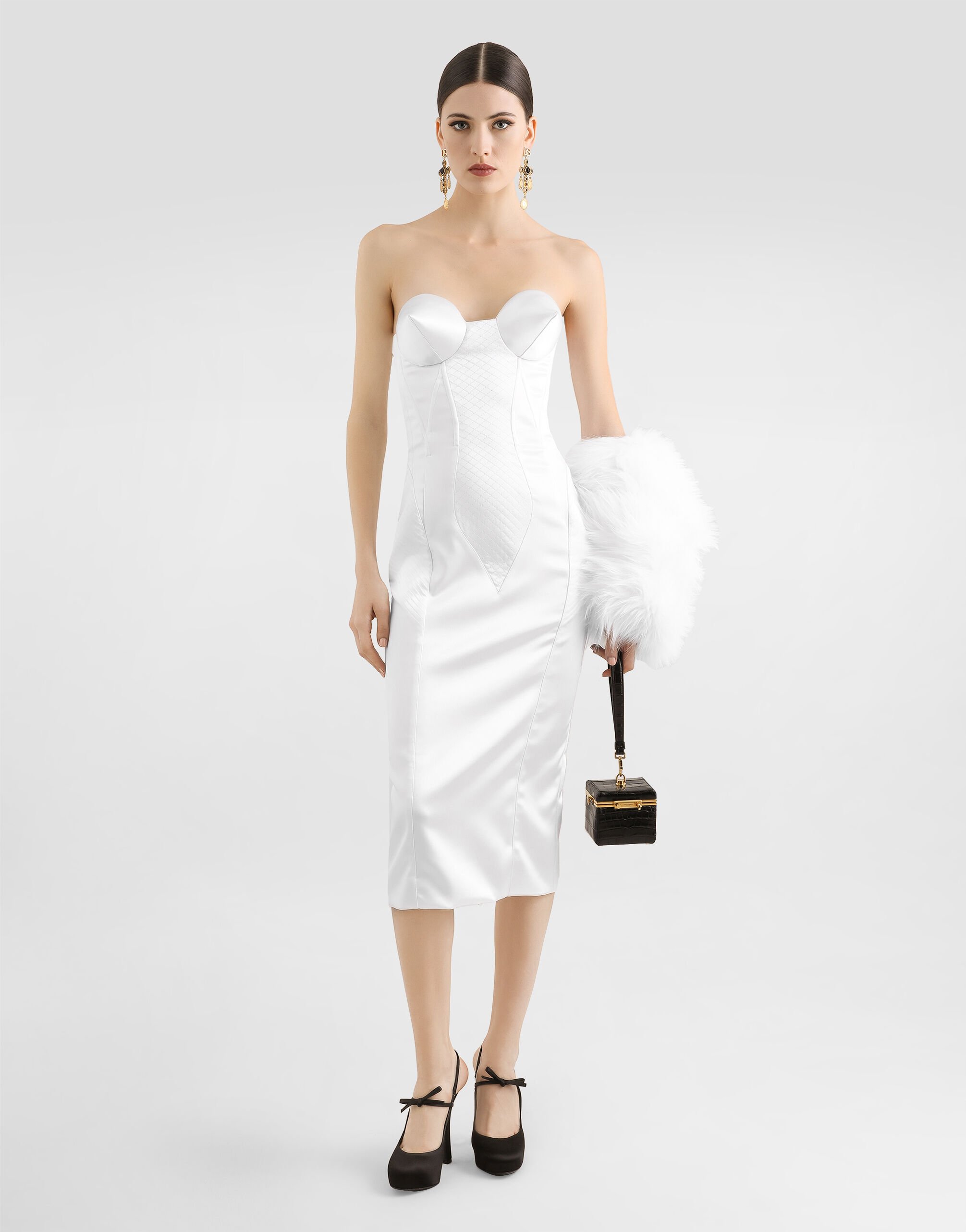 Strapless satin dress with corset details in White for Women