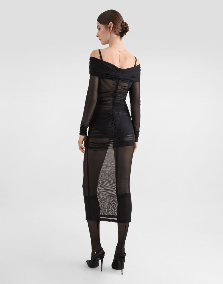 Dolce & Gabbana Vestido longuette drapeado de tul Negro F6TLSTFLRC2