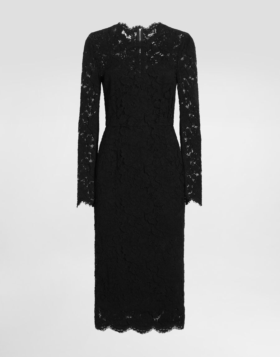 Long-sleeved calf-length dress in branded stretch lace