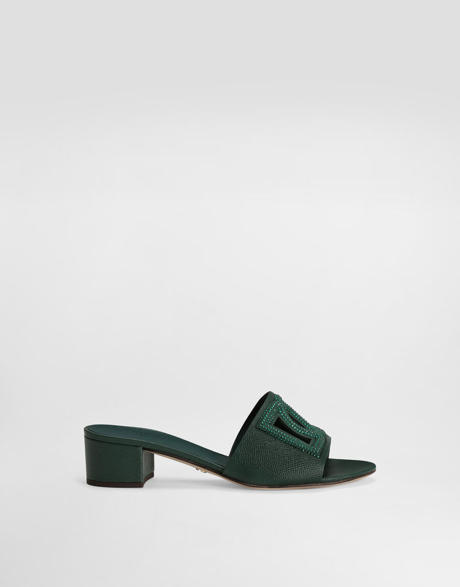 Mule in dauphine calfskin, suede and rhinestones