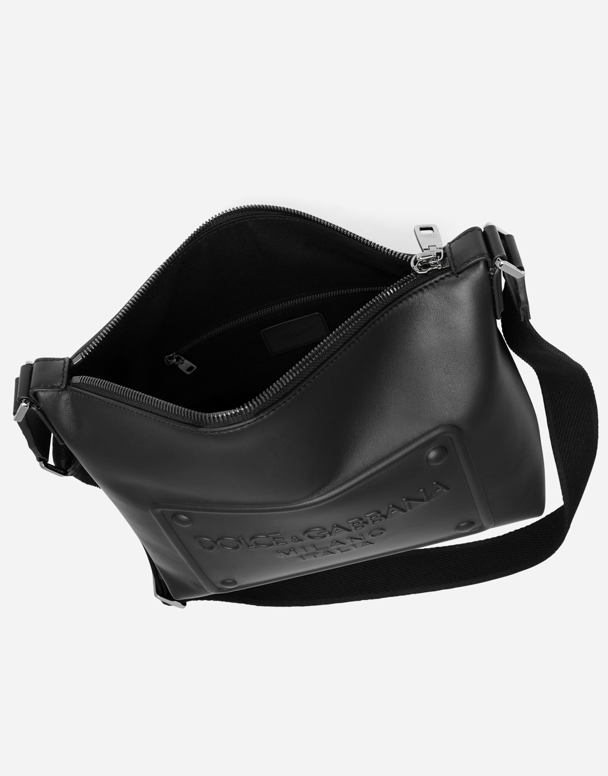 Calfskin crossbody bag with raised logo in Black for Men