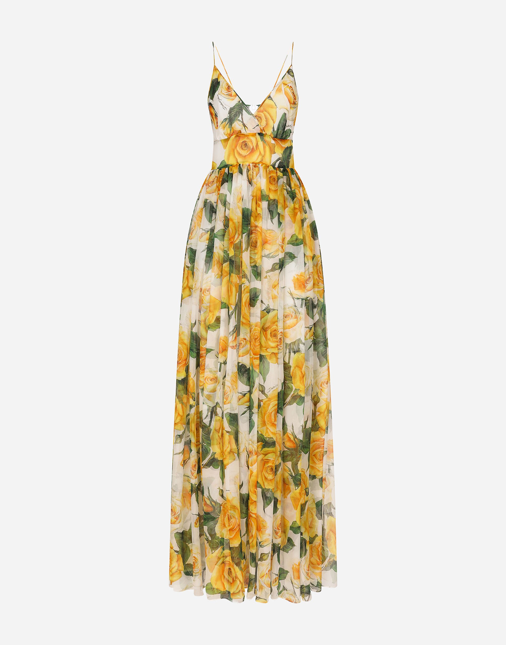 Dolce & Gabbana Vestido largo en chifón de seda con estampado de rosas amarillas Estampado F6GAZTHS5Q0