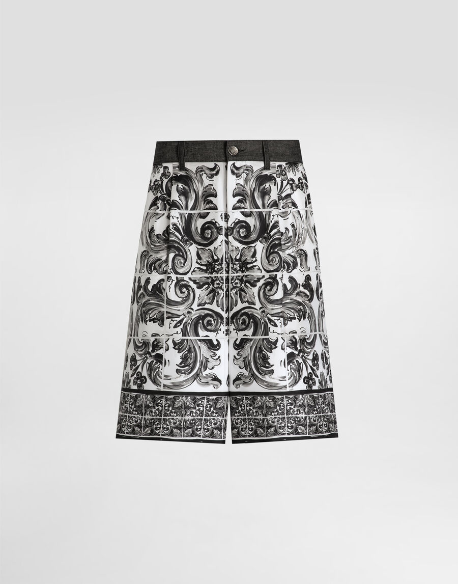 Maiolica-printed denim bermuda shorts