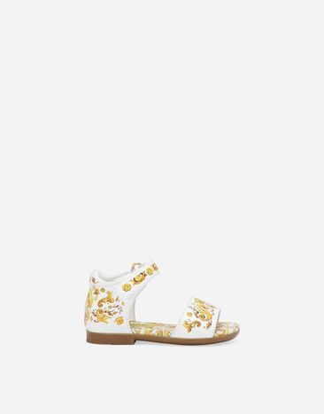 Dolce & Gabbana Calfskin sandals with yellow majolica print Print L23DI5FI5JW