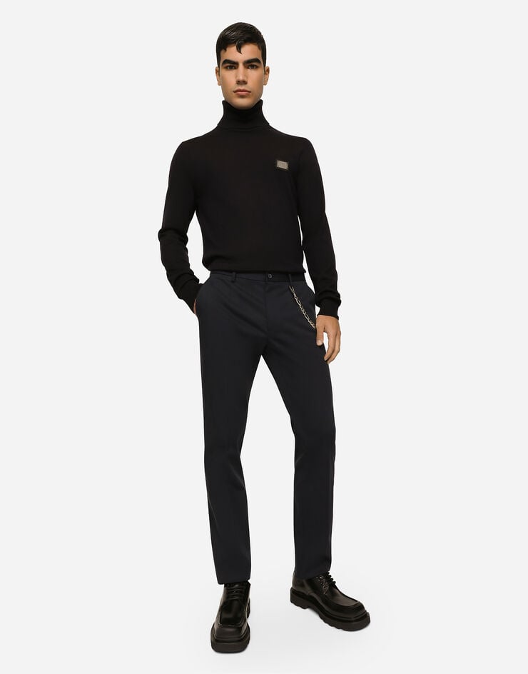 Stretch cotton pants with branded tag in Blue for Men | Dolce&Gabbana®