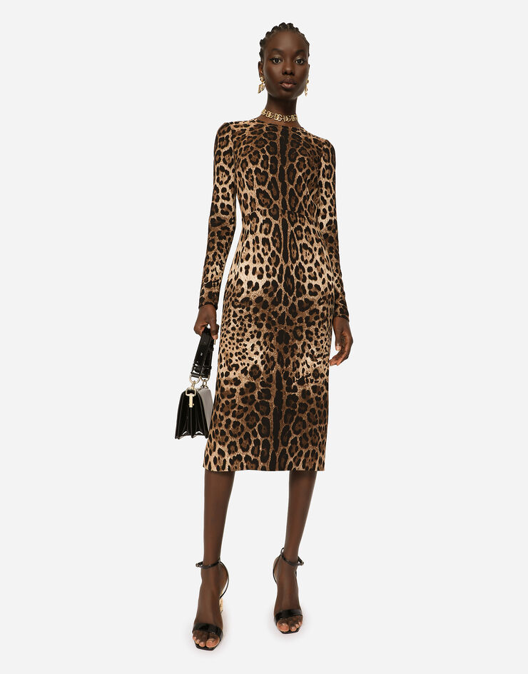 Dolce & Gabbana Langarmkleid aus Cady Leoprint Animal-Print F6ZJ7TFSRKI