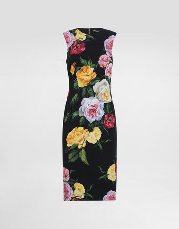Dolce & Gabbana Longuette-Schlauchkleid aus Charmeuse Pfingstrosen- und Rosenprint Drucken F6TMSTFSA7B