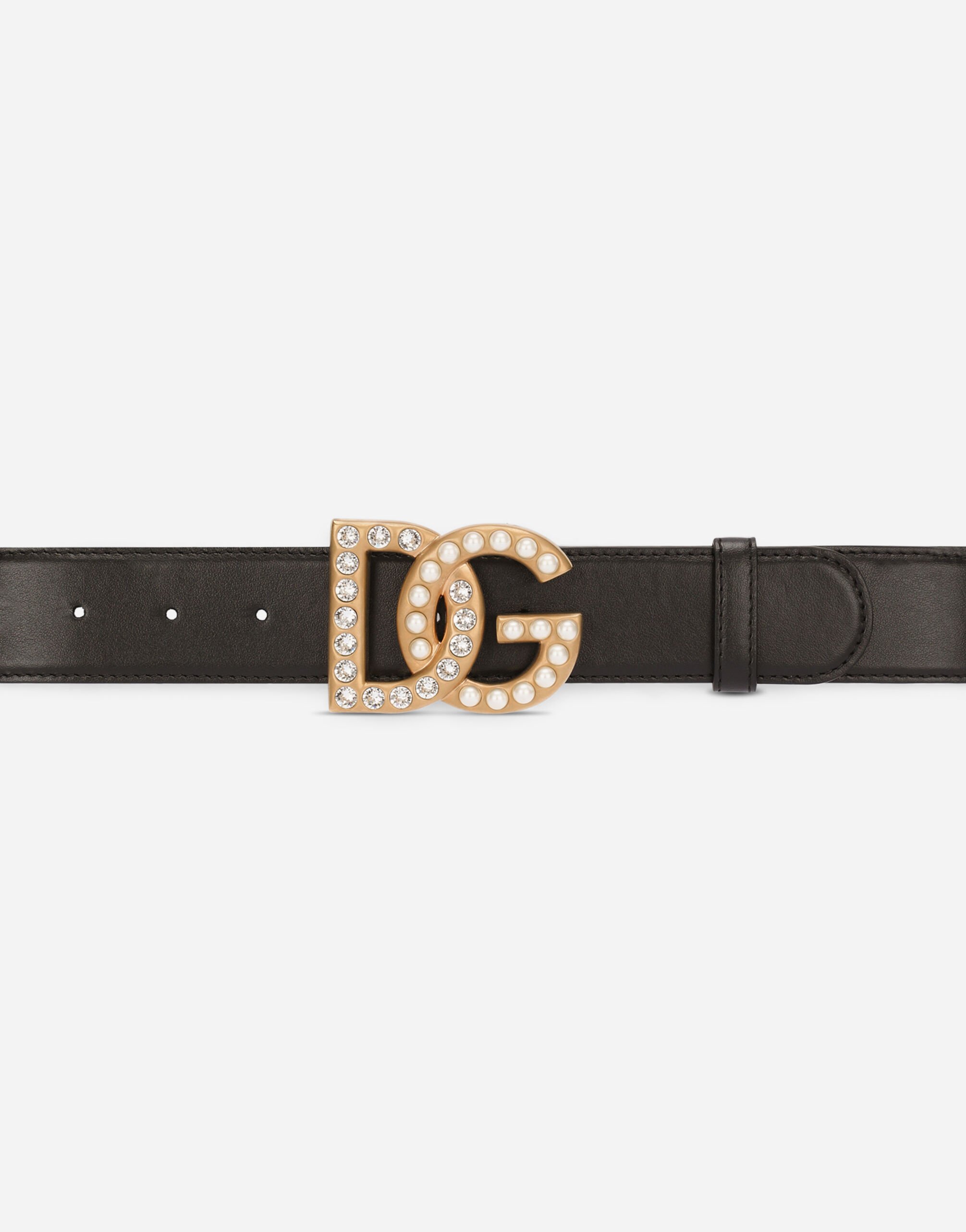 Dolce & Gabbana ネイビー パイソンベルト　36/90 Calfskin belt with DG logo with rhinestones and pearls in