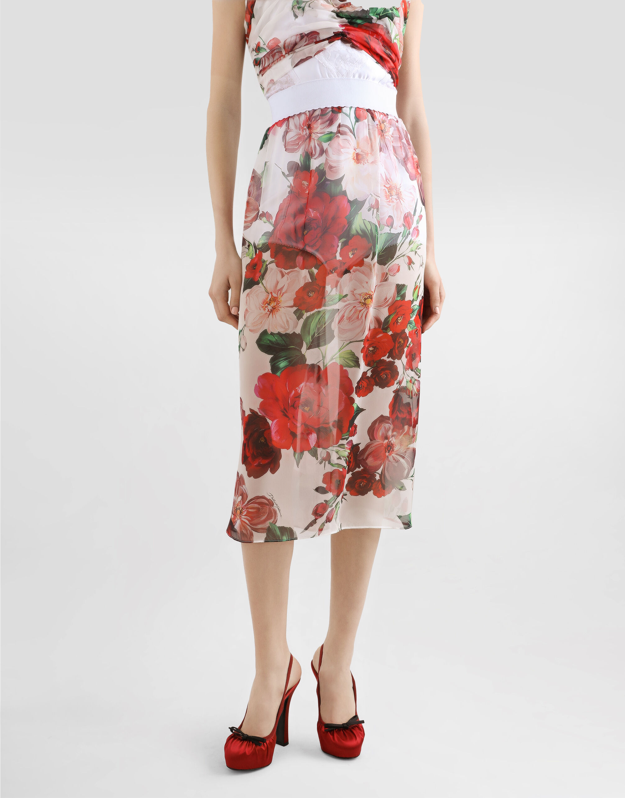 Rose-print chiffon calf-length skirt in Print for Women