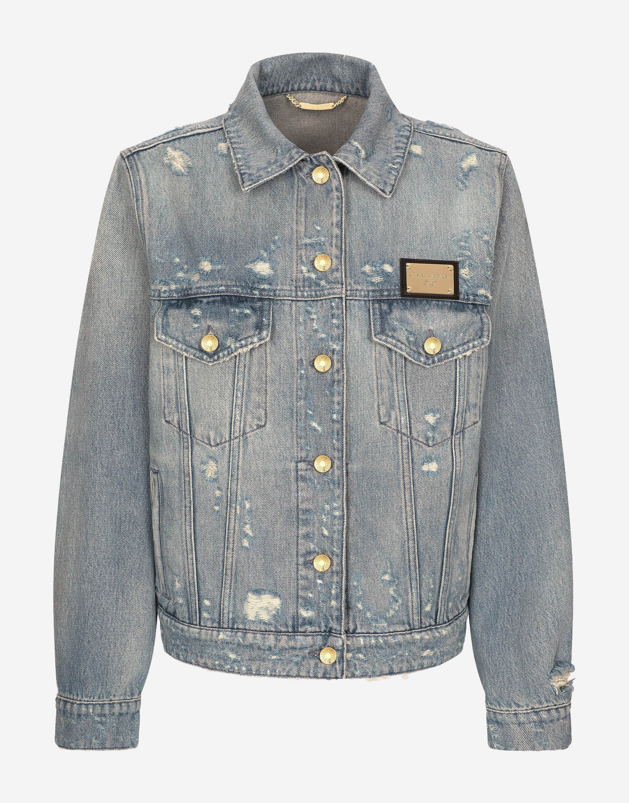 Denim jacket with branded plate