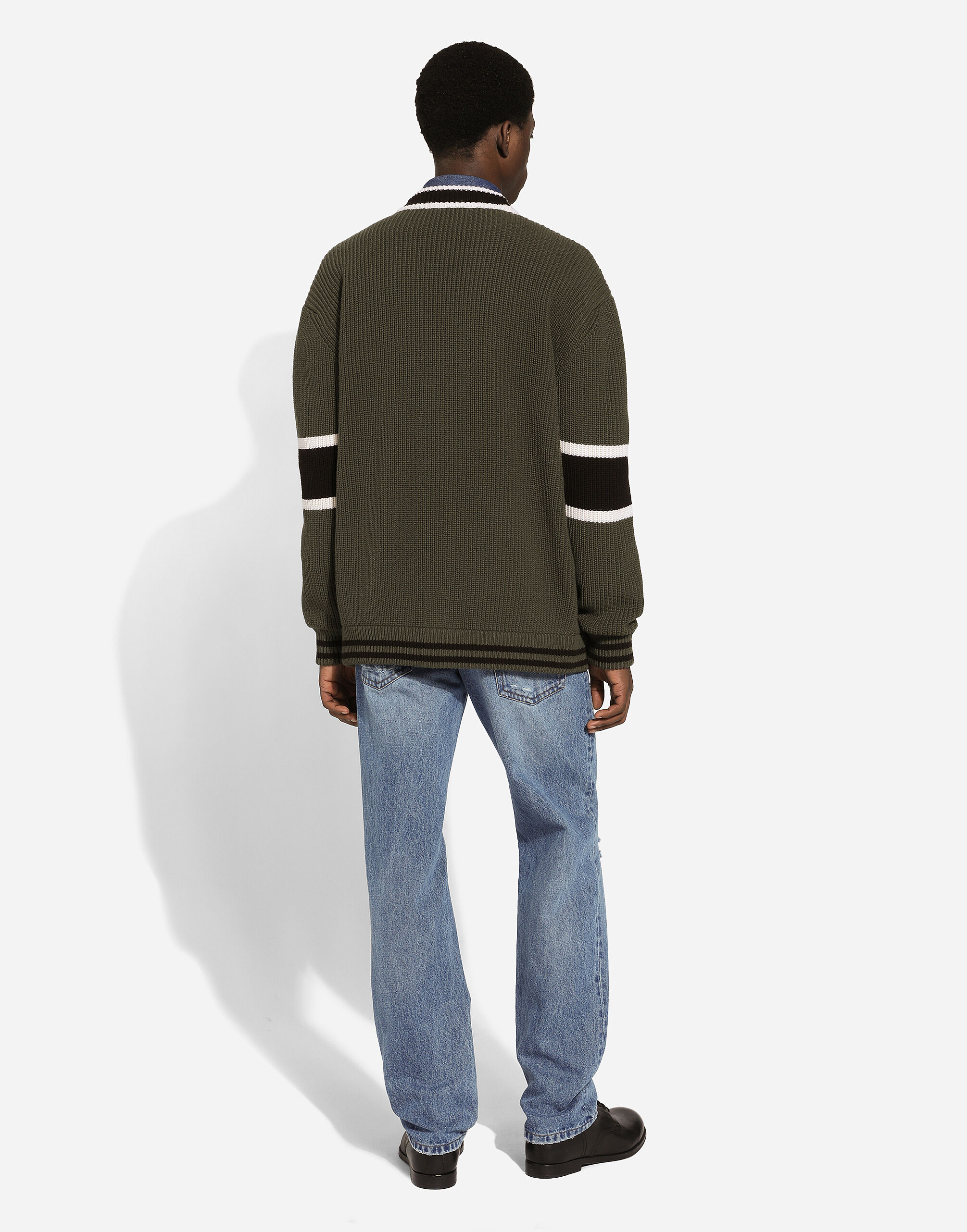 Wool fisherman's rib-knit cardigan with DG logo patch in