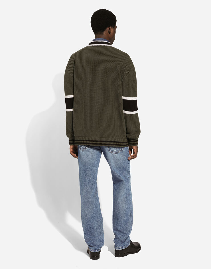 Dolce & Gabbana Cardigan en laine côtes anglaises avec écusson logo DG Vert GXV13ZJCVYC