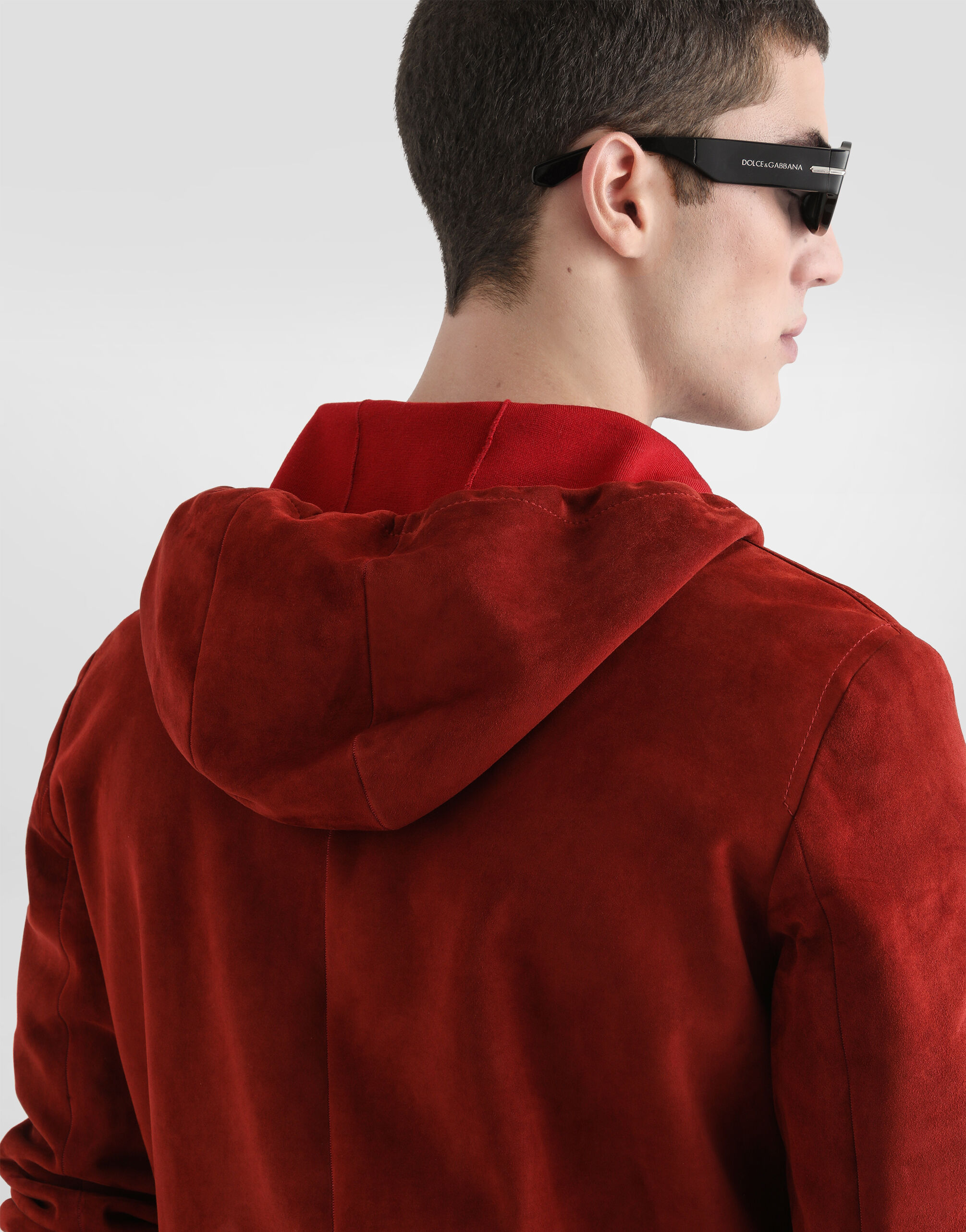 Suede hooded jacket with knit details