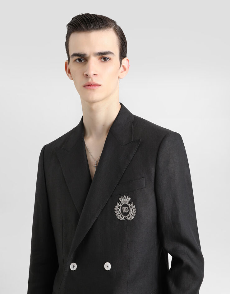 Dolce & Gabbana Double-breasted linen jacket with patch Black G2TJ2ZFU4K6