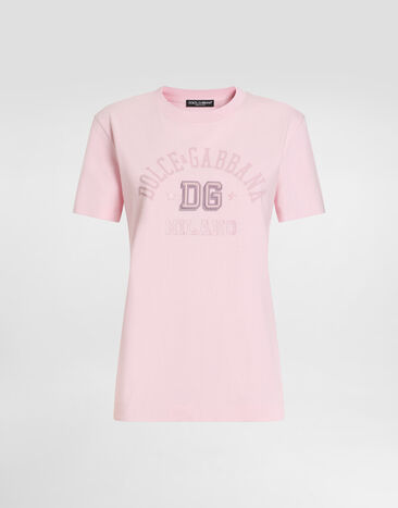 Dolce & Gabbana Oversize jersey T-shirt with raised DG logo embroidery Pink F8V42ZGDCX2