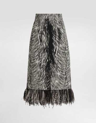 Dolce & Gabbana Charmeuse calf-length pencil skirt with fur print and feathered detailing Grey F4C1ITFSA71