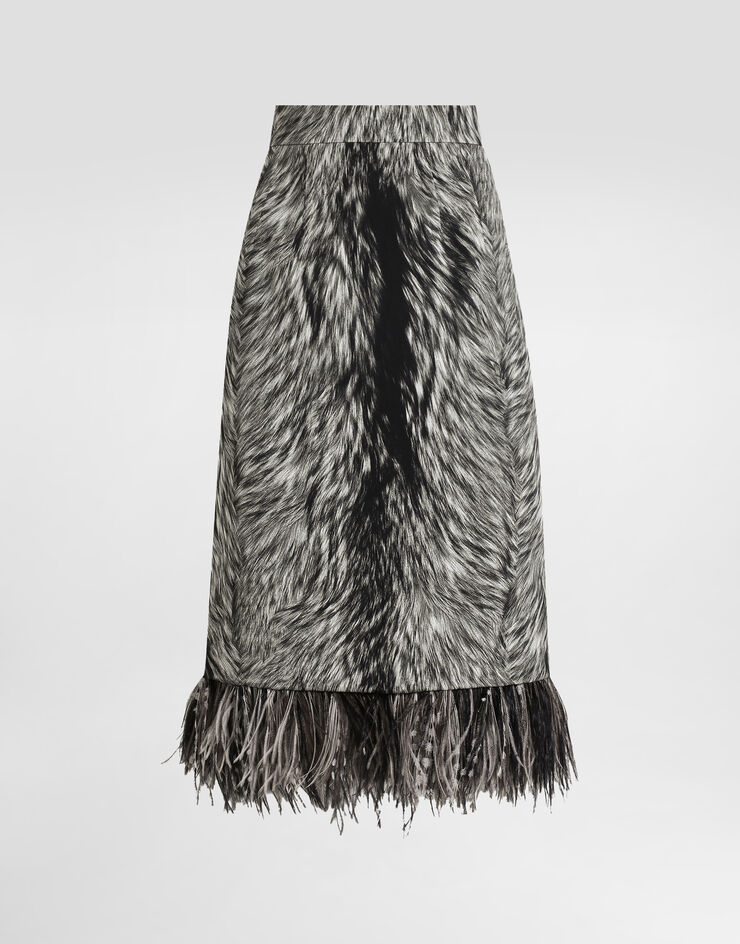 Dolce & Gabbana Jupe fourreau mi-longue en charmeuse à imprimé fourrure et plumes Gris F4C1ITFSA71