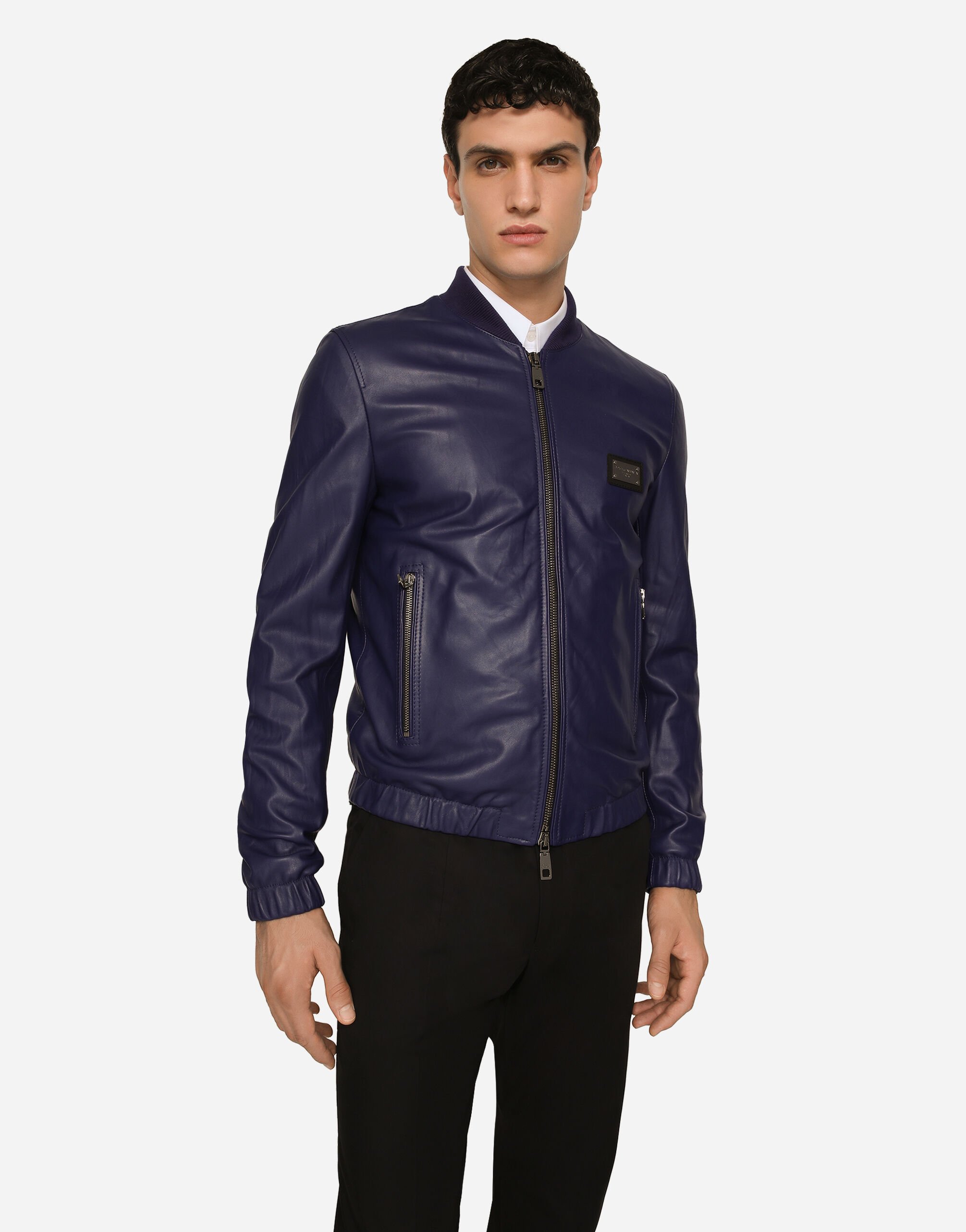 Leather jacket with branded tag in Blue for Men Dolce Gabbana