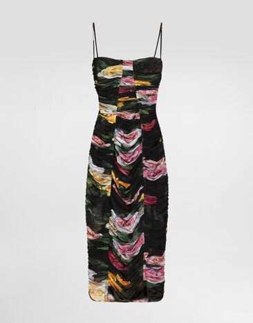 Dolce & Gabbana Vestido longuette lencero de tul drapeado con estampado de peonías y rosas Imprima F6FAKTFSUBI