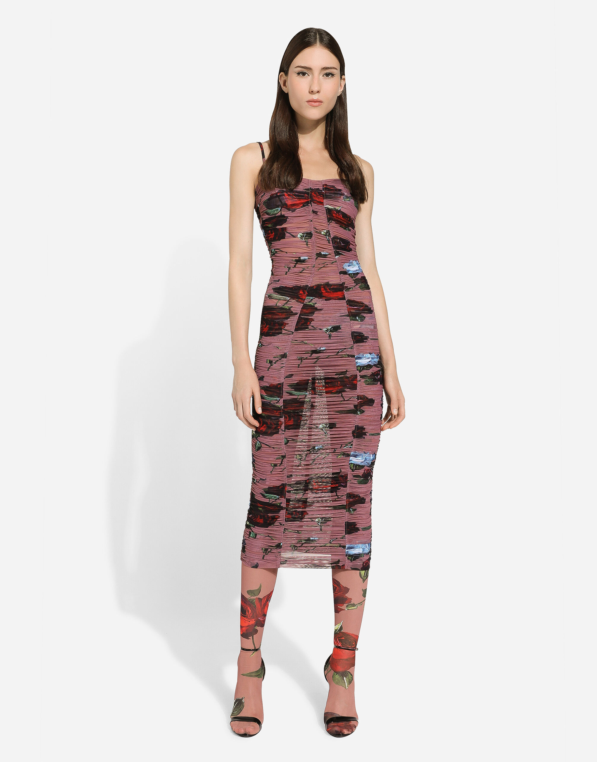 Tulle slip dress with draping and vintage rose print in Print for