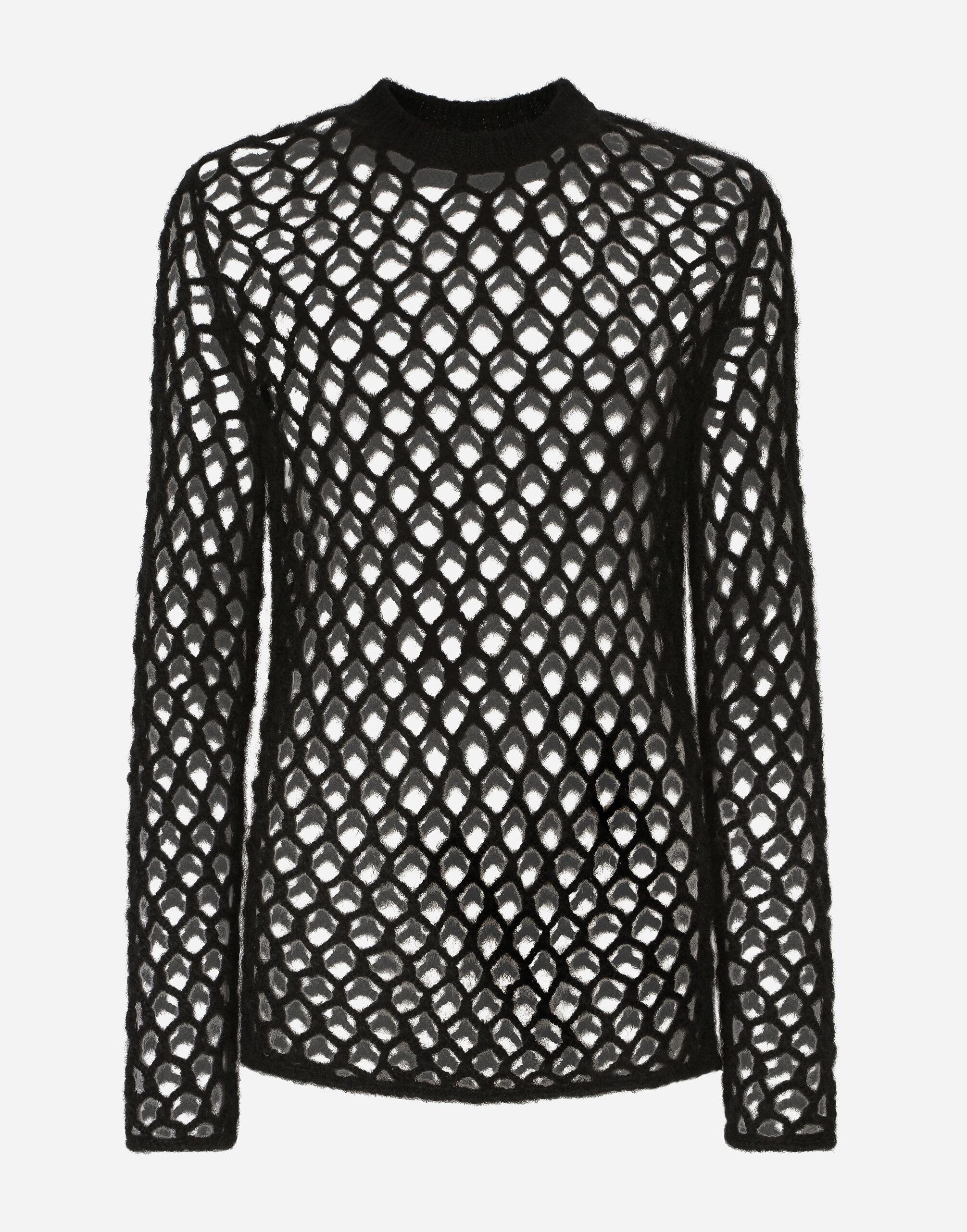 Mohair wool mesh stitch round neck sweater in Black for