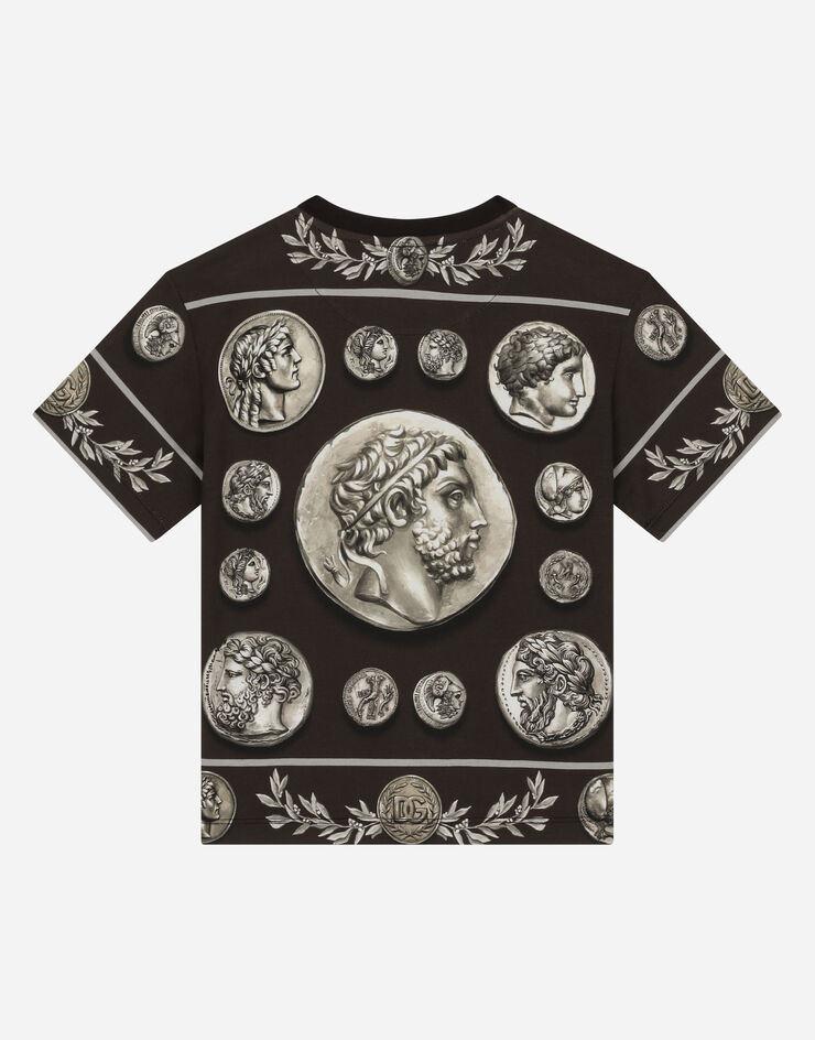 DolceGabbanaSpa Short-sleeved jersey T-shirt with all-over coin print Brown L4JTEYG7J4I