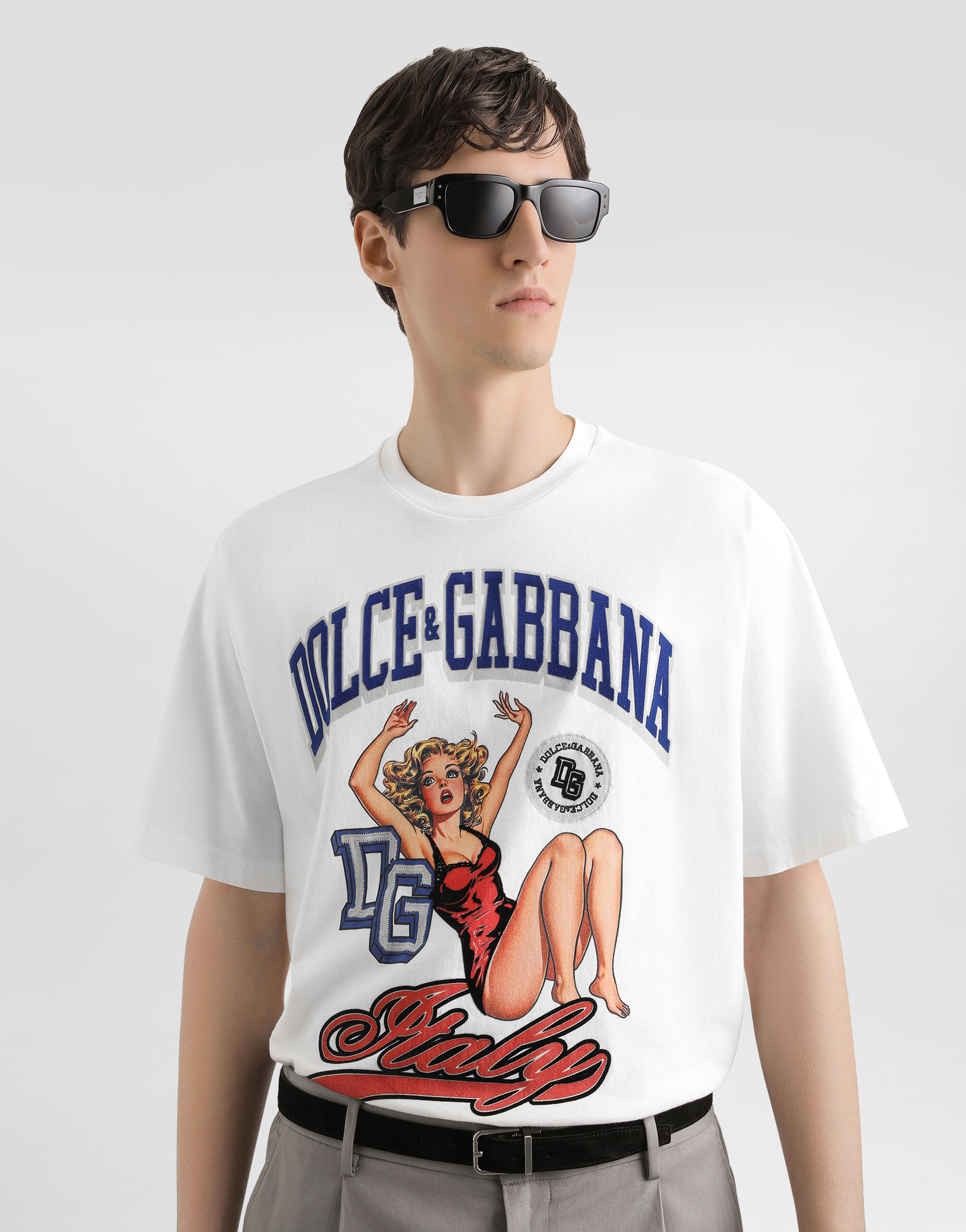 Cotton t-shirt with print and embroidery in Cream for Men