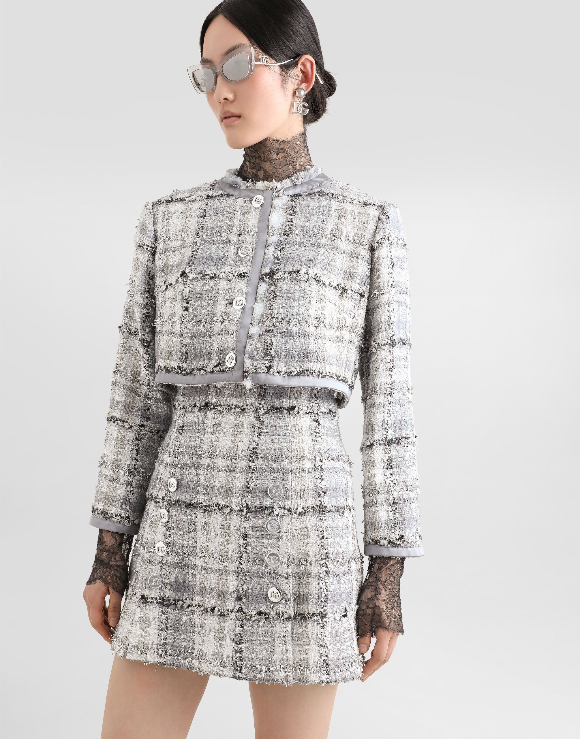 Short check lurex raschel tweed jacket in Multicolor for