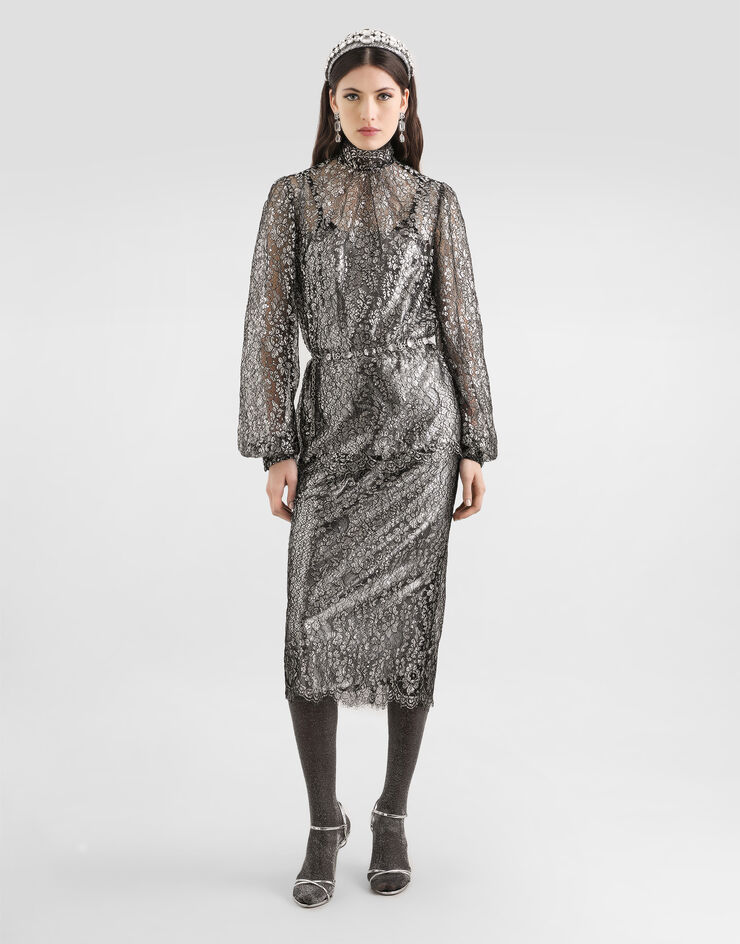 Dolce & Gabbana Lamé lace skirt Silver F4B7ITILMCF