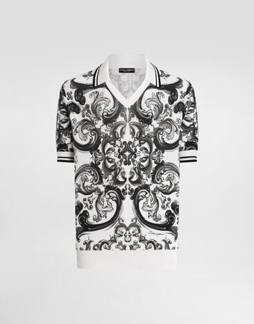 Dolce & Gabbana Polo en piqué de seda con estampado de mayólica Multicolor GXZ11TJAHLD