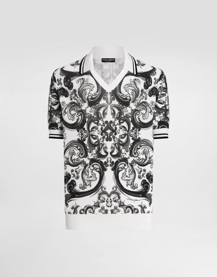 Dolce & Gabbana Poloshirt aus Seidenpiqué mit Majolika-Print Mehrfarbig GXZ11TJAHLD